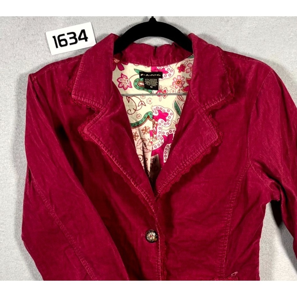 FANG Corduroy Blazer Jacket Womens M Magenta Pink Lace Trim Floral Notch Lapel